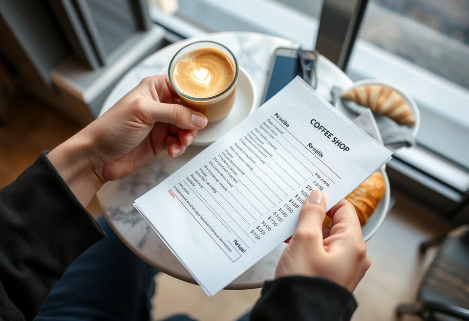 Two hands at a marble cafe table, one holding a latte in a glass, the other a printed receipt headed Coffee Shop. Made with AI.